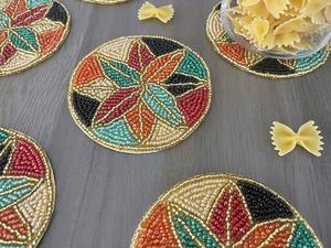 Handmade Beaded Coaster Set Of 5 Classic Fabric Bar Mats With Star Pattern For <b>Drinkware</b> <b>Accessories</b> - Product Image 2