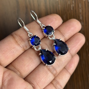 Classic Women's 925 Silver Plated <b>Sapphire</b> Drop <b>Earrings</b> Pear Cut Claw Setting Fashion Dangle Jewelry Party Accessory - Product Image 2