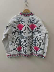 White Embroidered Suzani Velvet Short Jacket Statement Outerwear Coat Velvet Blazer Unisex Jacket Gift For <b>Wife</b> Bridal Jacket - Product Image 5