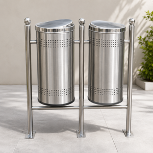 Contenedor de Basura Doble de Acero Inoxidable para Exteriores, Cubo de Basura para Parques Públicos con Soporte, Bote de Basura de Metal Perforado - Product Image 2