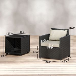 Set Bistrot da Esterno in 3 Pezzi Beige con Cuscini Spessi, Mobili in Vimini e Tavolino in Vetro per Giardino o Uso Ospedaliero - Product Image 2