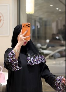 Elegant Black Embroidered Abaya With Purple Floral Pattern <b>Long</b> Sleeve Modest <b>Dress</b> <b>For</b> Muslim Women abaya de l'aïd - Product Image 5