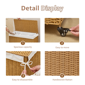 Cesto Portabiancheria in Rattan Intrecciato a 3 Sezioni da 165L con Coperchio e Ruote - Product Image 4