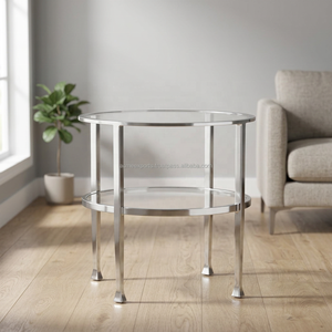 Table basse ronde moderne avec plateau en verre trempé et structure en métal pour le mobilier de salon - Product Image 2