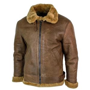 Blouson aviateur en cuir véritable pour homme avec doublure en fourrure de mouton, col rabattable, fermeture éclair, style moto hiver - Product Image 1