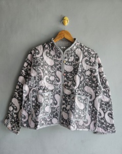Quilted <b>Jacket</b> Women's <b>Mandarin</b> <b>Collar</b> Paisley Print Three Quarter Sleeve Cotton Autumn Style XL gift for her - Product Image 1