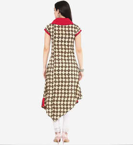 ชุดคุर्ตาผ้าฝ้ายพิมพ์ลายสีเบจชมพูสำหรับผู้หญิง คอวี แขนสั้น ดีไซน์แบบอสมมาตร สไตล์ลำลองทันสมัยแบบสากล  ชุดพื้นเมือง - Product Image 2