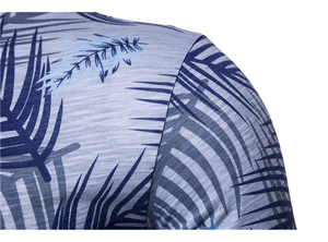 Men's Slim Fit Short Sleeve T-Shirt With Blue Palm <b>Leaf</b> Print O-Neck Casual Breathable Knitted Polyester Top - Product Image 3