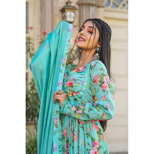 DISEÑADOR CHINON ESTAMPADO TRABAJO CON CUELLO PATRÓN VESTIDO INFERIOR CON DUPATTA VERDE MAR - Product Image 4