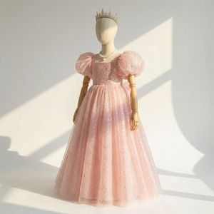 Robe de bal écologique rose vif premium à manches bouffantes et paillettes pour filles, idéale pour mariage ou occasion spéciale (fille d'honneur) - Product Image 2