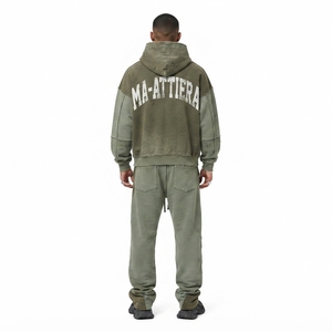 Custom Men Olive Green Distressed Hoodie <b>Jogger</b> Set Cotton Fleece <b>Oversized</b> Streetwear Tracksuit OEM Wholesale - Product Image 3