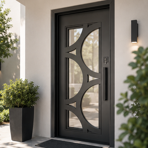 Puerta de Entrada Moderna de Acero Geométrico con Vidrio Esmerilado, Puerta Frontal Individual Contemporánea, Diseño de Entrada de Seguridad para Hogar de Lujo - Product Image 1