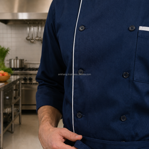Conjunto de Uniforme de Chef Profesional Azul Marino, Manga Larga, Algodón Tejido, Cierre de Botones, Unisex, para Restaurante y Bar - Product Image 5