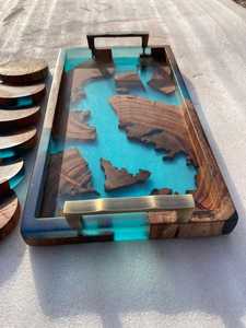 <b>Epoxy</b> Resin & Natural Acacia Wood Serving Tray with Premium Brushed Gold Metal Handles for <b>Coffee</b> <b>Table</b>, Breakfast, Tea, Snacks - Product Image 4
