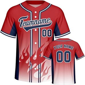 Custom Baseball Jersey Red Navy <b>Flame</b> Design Sublimation Print Breathable Polyester Men's Short Sleeve Button Up <b>Shirt</b> - Product Image 1