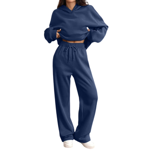Conjunto Deportivo para Mujer, Sudadera Corta con Capucha Azul Marino y Pantalones Jogger de Pierna Ancha, Corte Holgado Informal, Manga Larga, Color Sólido - Product Image 1