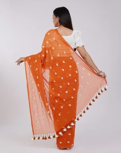 KV Reiya <b>Orange</b> Embroidered Mulmul Cotton <b>Saree</b> - Product Image 3