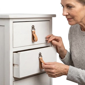 Poignée de tirage moderne en cuir brun naturel avec anneau métallique, durable, écologique et réglable pour armoire, tiroir, commode, chambre à coucher - Product Image 4