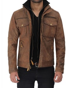 Light <b>Brown</b> Six Pocket Distressed <b>Mens</b> <b>Jacket</b> Premium Quality Pure Original <b>Leather</b> Winter Outerwear - Product Image 4
