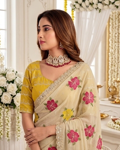 AARA Fashion Cream Floral Printed Silk <b>Saree</b> with <b>Yellow</b> Blouse for Women Traditional Indian Wedding Wear Sun Protection - Product Image 6