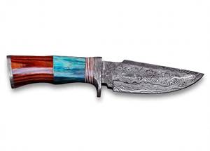 Couteau utilitaire robuste d'extérieur en acier Damas forgé à la main, avec manche en résine turquoise et bois de rose, et garde en Damas - Product Image 6
