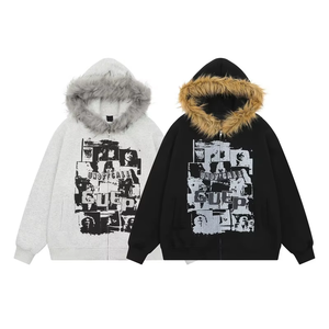Sudadera con capucha unisex de invierno con cremallera, estilo grunge rock, con capucha de piel sintética, estilo oversize vintage, ropa urbana con logo frontal y tejido de punto. - Product Image 1