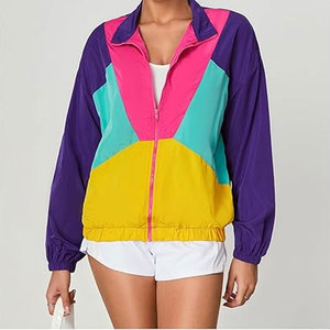Chaqueta Ligera de Mujer con Bloques de Color y un Solo Botón, Estilo Patchwork Deportivo, Cortavientos Retro de los 80, Ropa Deportiva para Correr al Aire Libre - Product Image 6