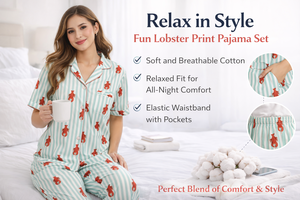 ชุดนอนผ้าฝ้ายลายปูพร้อมลายทาง เสื้อแขนสั้นและกางเกงขายาว ชุดนอนฤดูร้อนสำหรับผู้หญิง ชุดนอนพรีเมียม - Product Image 2