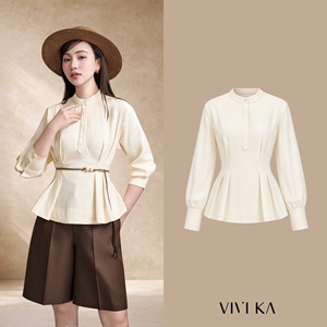 Blusa Corta Elegante para Mujer con Cuello Mandarín y Pliegues, Estilo Peplum, Informal para Oficina, Algodón y Seda, OEM ODM, Teñido Liso, IRENE - Product Image 1