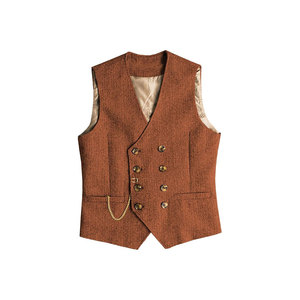 Chaleco Formal de Hombre Rojo con Cuello en V, Mezcla de Lana Espigada, Cierre de un Solo Botón y Bolsillos para Trajes, Ideal para Otoño - Product Image 5