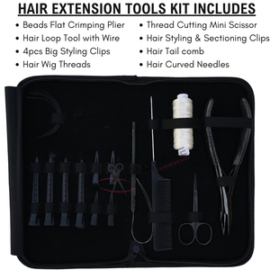 Juego de herramientas todo en uno para extensiones de cabello negro: alicates, enhebrador de cabello, peine de cola, agujas curvas, enhebrador de pelucas, mini tijeras, clip de estilizado - Product Image 2
