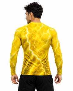 Men Yellow Lightning Compression Shirt Long Sleeve Rash Guard Gym Fitness Workout <b>Athletic</b> Base Layer Performance Sportswear - Product Image 4