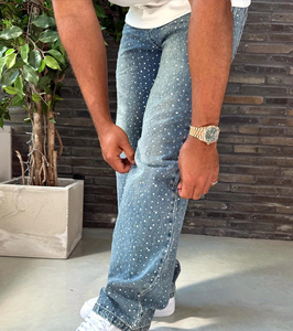 Vaqueros de mezclilla con pedrería para hombre, de pierna ancha y recta, lavados, con logo personalizado, estilo urbano - Product Image 4