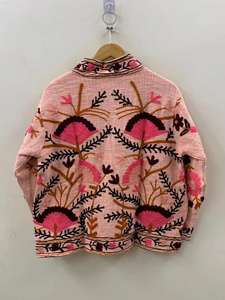 Chaqueta Bomber de Algodón con Bordado Suzani Hecho a Mano, Ropa Exterior Floral Vintage Bohemia para Mujer - Product Image 3