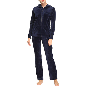 Women's Navy Blue Hooded <b>Tracksuit</b> Set Full Length Solid Color Casual Joggers with Side Pockets Zipper Fly Winter Wear - Product Image 4