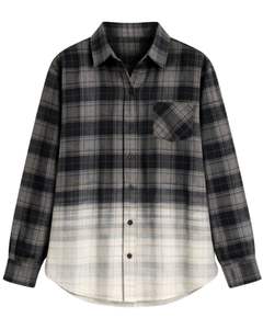 Camisa de Franela a Cuadros Ombre Color Carbón para Mujer, Personalizada por el Fabricante, Manga Larga, Cierre de Botones, Informal, Mezcla de Algodón, Otoño Invierno - Product Image 1