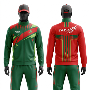 Ensemble d'entraînement de badminton pour hommes, survêtement en polyester doux 330 GSM, vert foncé avec panneaux latéraux or et blanc, personnalisation par transfert thermique et sublimation - Product Image 2