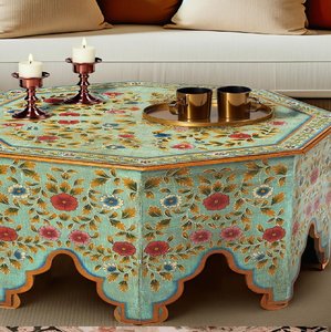 Consola con incrustaciones de hueso de madera natural disponible a precios de mayorista, presenta elegantes motivos florales blancos sobre un acabado de madera cálida. - Product Image 2