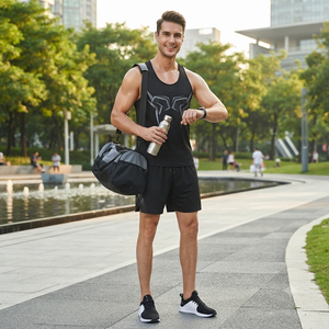 Ensemble débardeur et short de sport pour homme, noir, imprimé géométrique, col en V, sans manches, séchage rapide, pour l'été et l'entraînement - Product Image 2