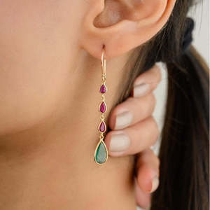 Platinum Geometric Chandelier Drop Earrings with Ruby Emerald Diamond and Pearl - Product Image 1