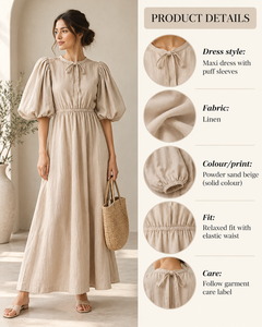 Elegante Vestido Largo Tejido Color Beige Arena para Mujer, Manga Corta, Cuello con Lazo, Estilo Casual para Vacaciones, Corte Sirena, Lavable - Product Image 5