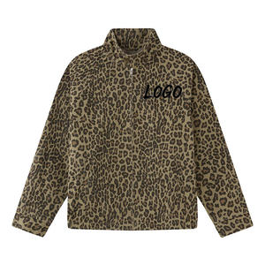 Men's Leopard Print <b>Racer</b> <b>Jacket</b> Stand Collar Zipper Closure Casual Windproof Polyester Autumn Wear Regular Fit - Product Image 1