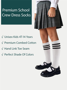 Chaussettes blanches mi-hautes en coton tricoté avec bord côtelé et 3 rayures, unisexes, pour uniforme scolaire, pour enfants - Product Image 5