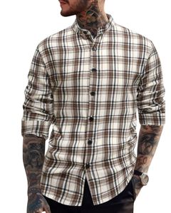 Camisa a cuadros beige y marrón para hombre, con cuello de banda, de algodón y poliéster, manga larga, con botones, para venta al por mayor, OEM, exportación. - Product Image 1