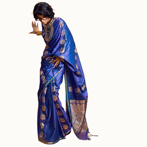 Sari bleu en satin pur tissé à la main avec bordure en zari doré |   Sari ethnique de créateur pour femmes, idéal pour les fêtes de mariage traditionnelles - Product Image 3