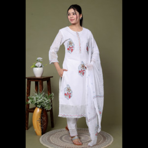 NIYANI Women's Ivory Grace Cotton Ankle-Length Kurta Set Dupatta Loose Fit <b>Three</b>-Piece Elegant Ethnic Casual Maxi Handcrafted - Product Image 3