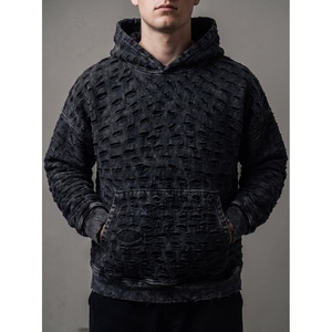 Mens Distressed <b>Washed</b> Hoodie Oversized Ripped Pullover Hooded Sweatshirt Vintage Streetwear Heavyweight Cotton Custom Logo OEM - Product Image 1