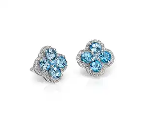 Hot Selling Aquamarine Blue Topaz Flower Shape Earring Sterling Silver 925 Cluster Stud Earrings Jewelry