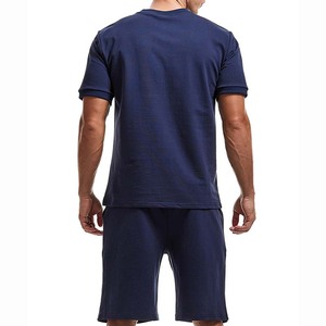Men's Navy Blue Solid Color Crew Neck T-Shirt and Shorts Set Casual Knitted Cotton Summer Outfit - Product Image 2