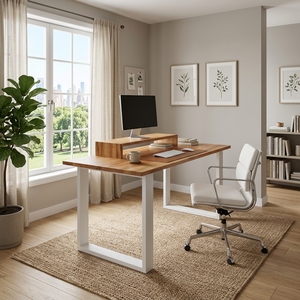 Bureau de direction moderne en bois massif avec étagère surélevée pour écran, cadre en métal blanc, table ergonomique pour ordinateur et écriture - Product Image 5